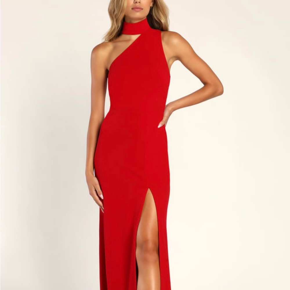 Lulus red asymmetrical cutout halter maxi dress